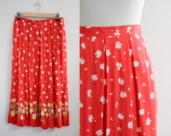 1990s Vivid Coral and White Floral Midi Skirt