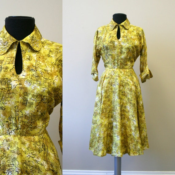 1940s Yellow Printed Silk Dress with Rhinestones - image 1
