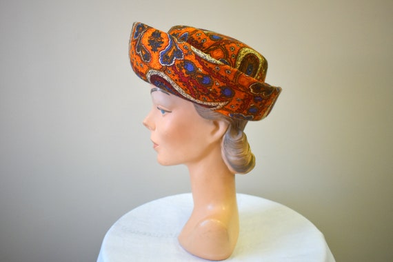 1960s Kutz Orange Velour Paisley Breton Hat