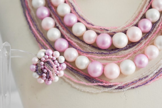 1950s/60s Pink and Purple Beaded Necklace and Cli… - image 2