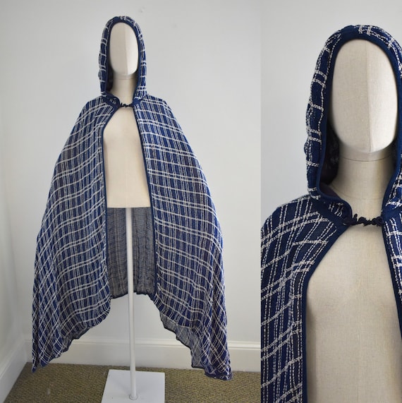 1940s Navy and Cream Woven Plaid Hooded Cloak - image 1