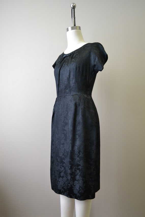 1950s Black Floral Satin Brocade Wiggle Dress - image 5