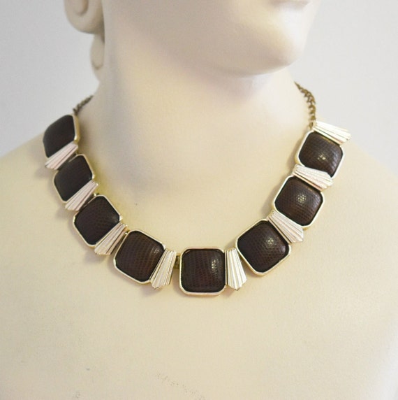 1950s Faux Reptile Squares Choker Necklace Gem