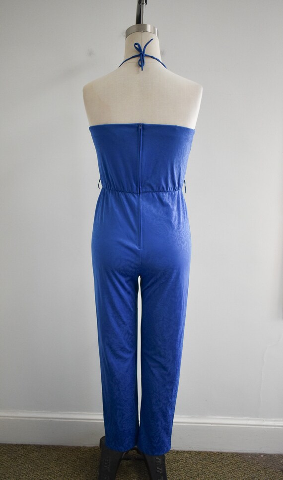 1970s Royal Blue Floral Knit Jumpsuit - image 7