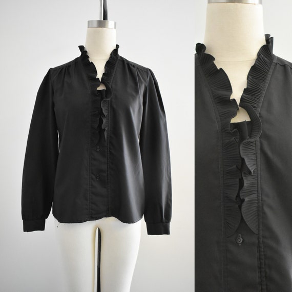 1970s Black Ruffled Blouse