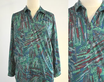 1970s Dark Green Abstract Print Blouse