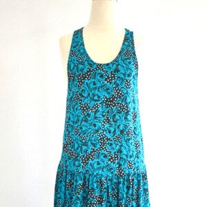 1980s Turquoise Rose Print Dress