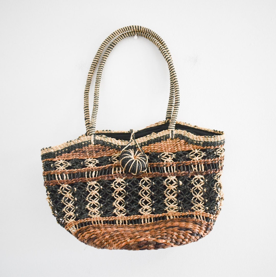 1990s Black And Brown Straw Tote Bag Etsy