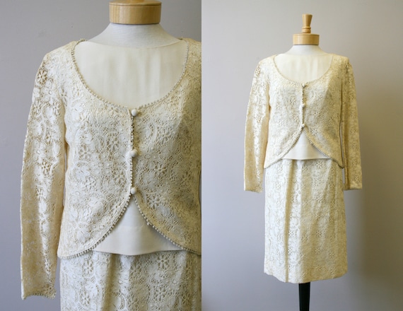 1960s Carol Craig Cream Lace Skirt Suit