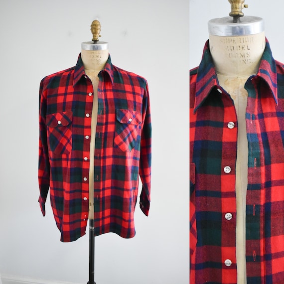 1980s Red Plaid Flannel Shirt - image 1