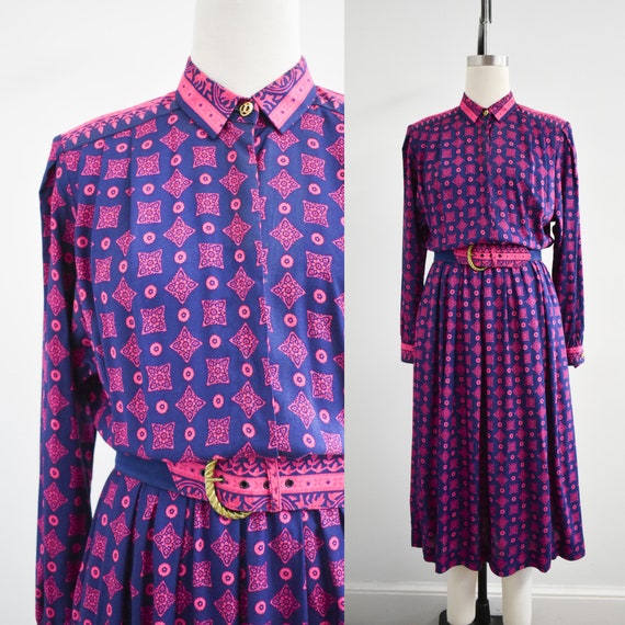 1990s Navy and Hot Pink Patterned Rayon Shirt Dres