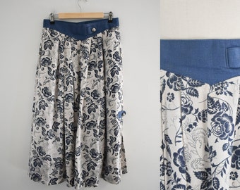 1990s Navy and Beige Floral Linen Midi Skirt