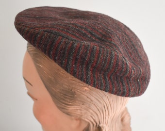 Vintage Red, Black, and Gray Striped Wool Newsboy Cap