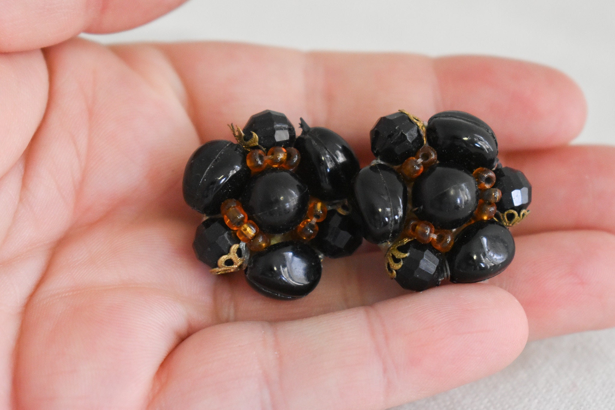 1950s West German Black Bead Cluster Clip Earrings 