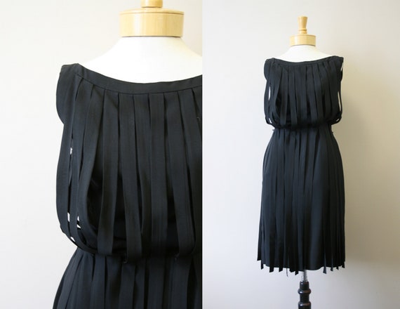 1950s Kasper Black Wide Fringe Dress