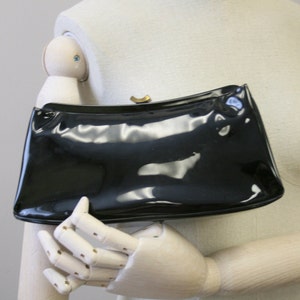 1950s Garay Black Patent Vinyl Cluch with Striped Lining
