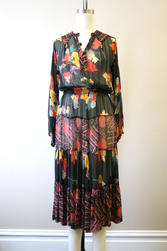 1970s Adini Floral Chiffon Tiered Midi Dress - image 3