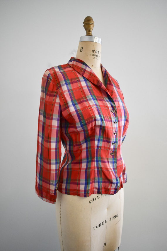 1940s Red Plaid Taffeta Blouse - image 4