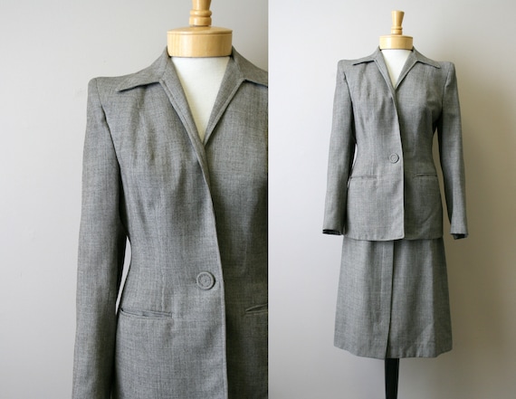 1940s Brown Mini Houndstooth Wool Skirt Suit