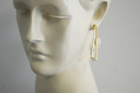 1970s/80s Gold and Clear Rhinestone Long Pierced … - image 2