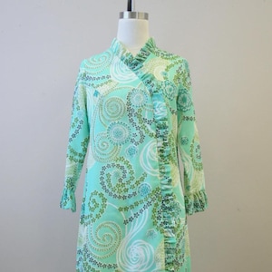 1960s Betty Hartford Green Printed Ruffled Dress