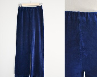 1970s Dark Blue Plush Velour Knit Pants