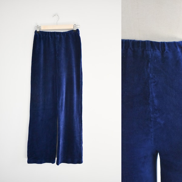 1970s Dark Blue Plush Velour Knit Pants