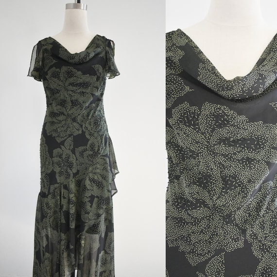 1990s Black and Green Ruffled Dress