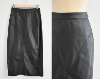 1980s Black Leather Long Pencil Skirt