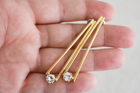 1970s/80s Gold and Clear Rhinestone Long Pierced … - image 4