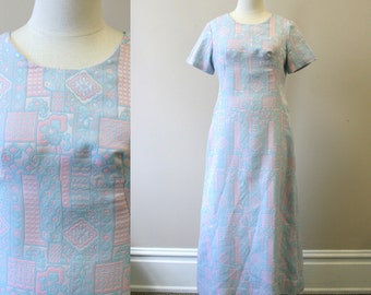 1960s Pink and Blue Knit Maxi Dress