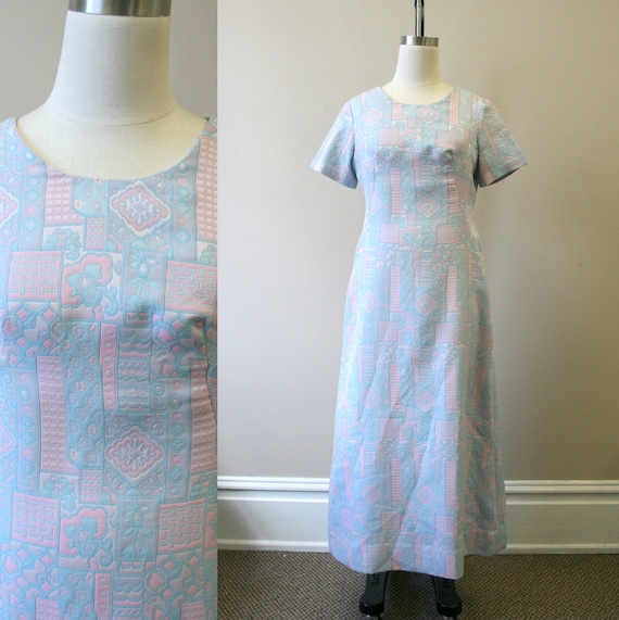 1960s Pink and Blue Knit Maxi Dress