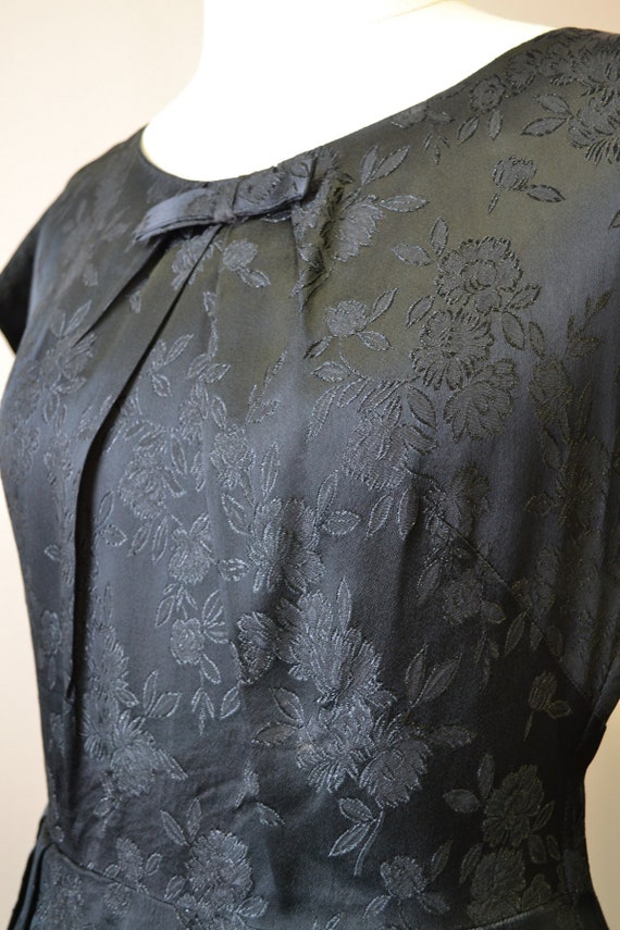 1950s Black Floral Satin Brocade Wiggle Dress - image 4