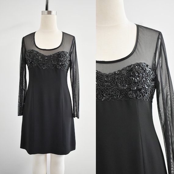 1990s Black Mesh Beaded Mini Cocktail Dress - image 1