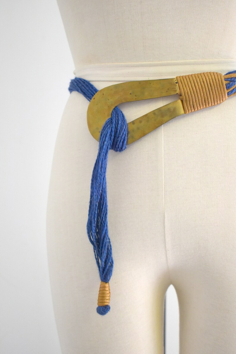 1980s Hammered Brass and Blue Jute Hip Belt