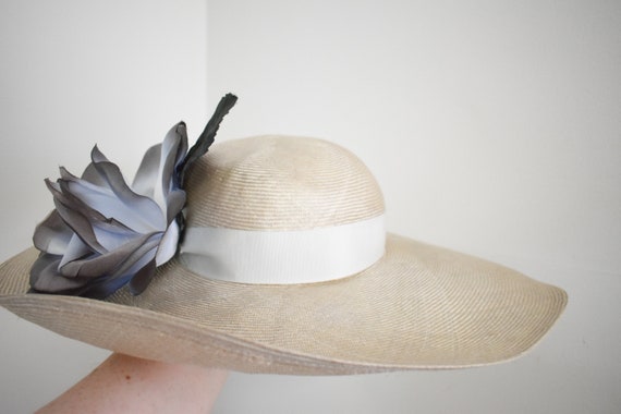 Vintage Silver Gray Wide Brim Straw Hat with Flow… - image 6
