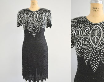 1980s Sweelo Black and Silver Bead and Sequin Cocktail Dress