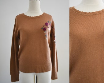 1970s Brown Sweater with Floral Embroidery