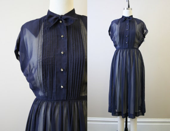 1940s Georgette Navy Sheer Dress
