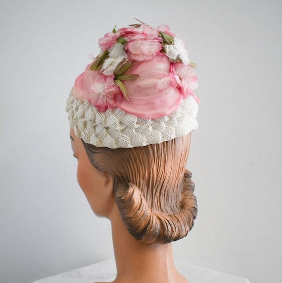 1950s Pink Floral and White Straw Cone Hat