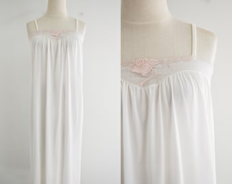 1970s Long White Night Gown with Pink Rose Applique