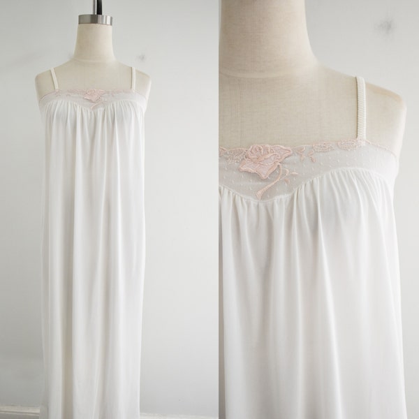 1970s Long White Night Gown with Pink Rose Applique