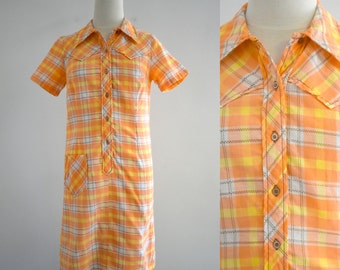 1970s Western Style Orange Plaid Shirt Dress