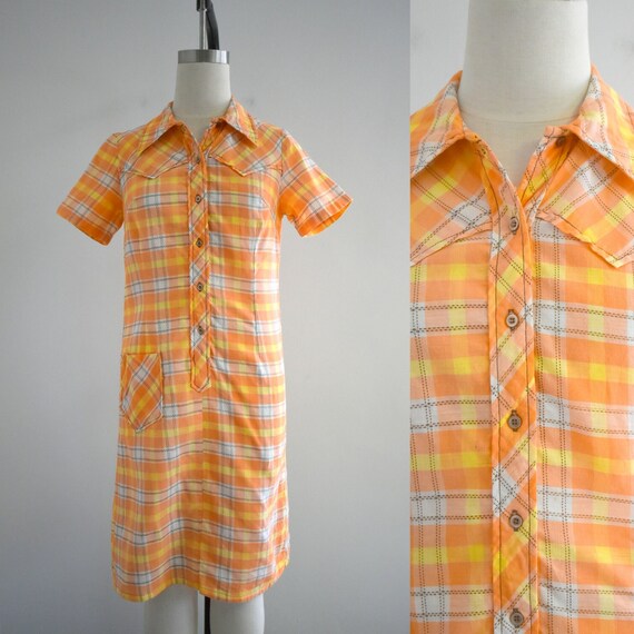 1970s Western Style Orange Plaid Shirt Dress - image 1