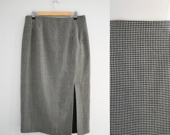 1990s Black and Cream Gingham Wool Skirt