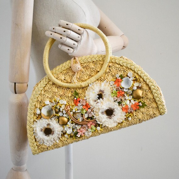 1960s Raffia/Straw Semi-Circle Handbag