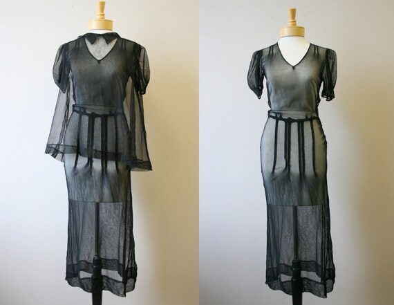 1930s Black Net Dress and Vest
