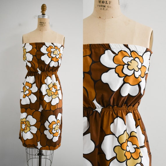 1970s/80s Brown Floral Strapless Mini Dress - image 1
