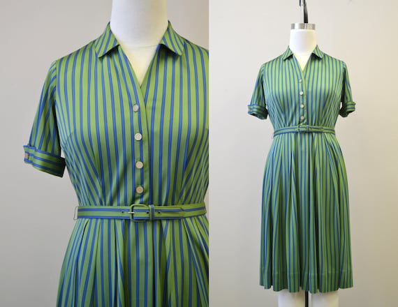 1950s Green and Blue Striped Knit Dress