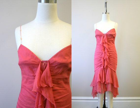 1990s Shelli Segal Pink Crinkle Silk Chiffon Cockt